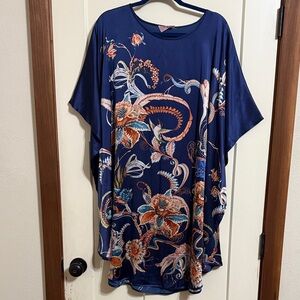 Silk Floral Caftan Dress in Blue and Orange